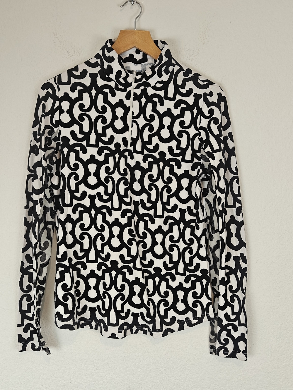 IBKUL Black White Geometric 1/4 Zip Performance Top Mesh Sleeve Gold Athleisure